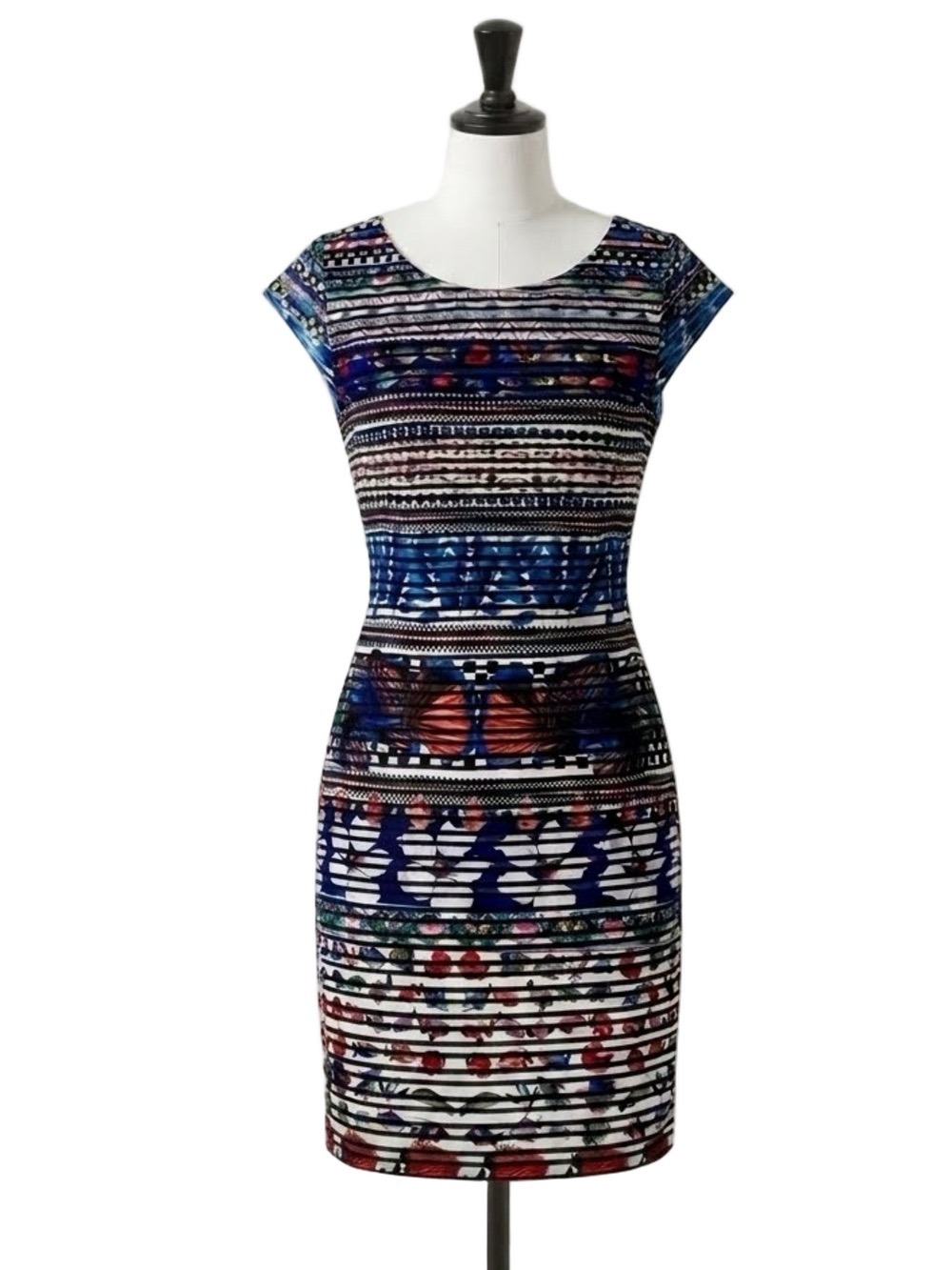 DESIGUAL Fiona Tropical Fish Floral Striped Burnout Sheath Dress Size XL